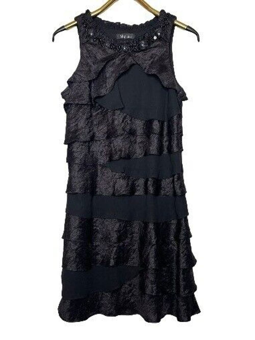 Flapper Style Dress SL Fashions Size 14 Black Retro Beaded Black Ruffle Tiered